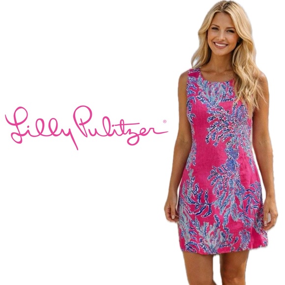 Lilly Pulitzer Cathy Capri Pink Samba Coral Palm Beach Coastal Shift Dress Sz 12 - Picture 9 of 10